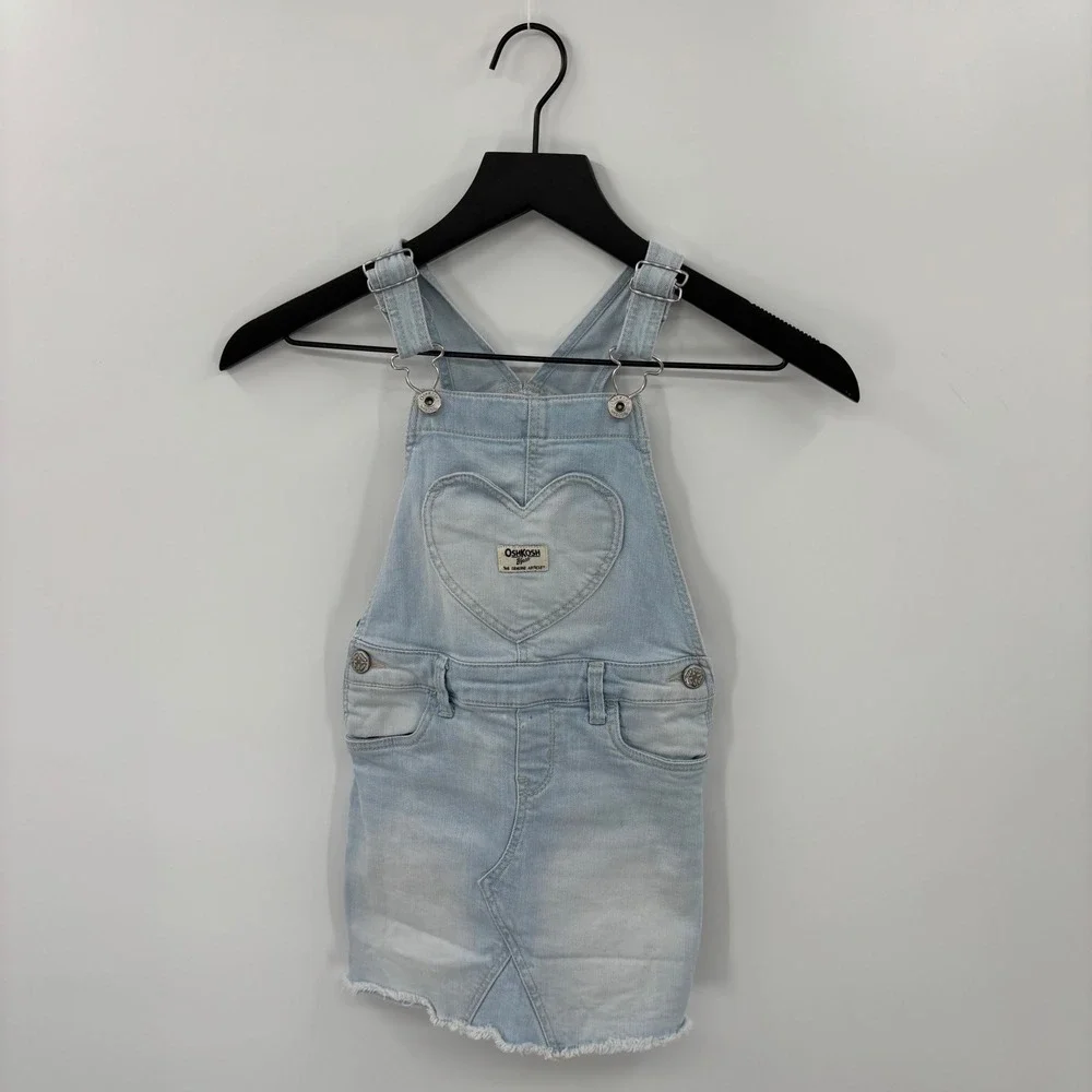 OshKosh Denim Overall Skirt Kids 5T Light Blue Heart Pocket Frayed Hem Cute Boho
